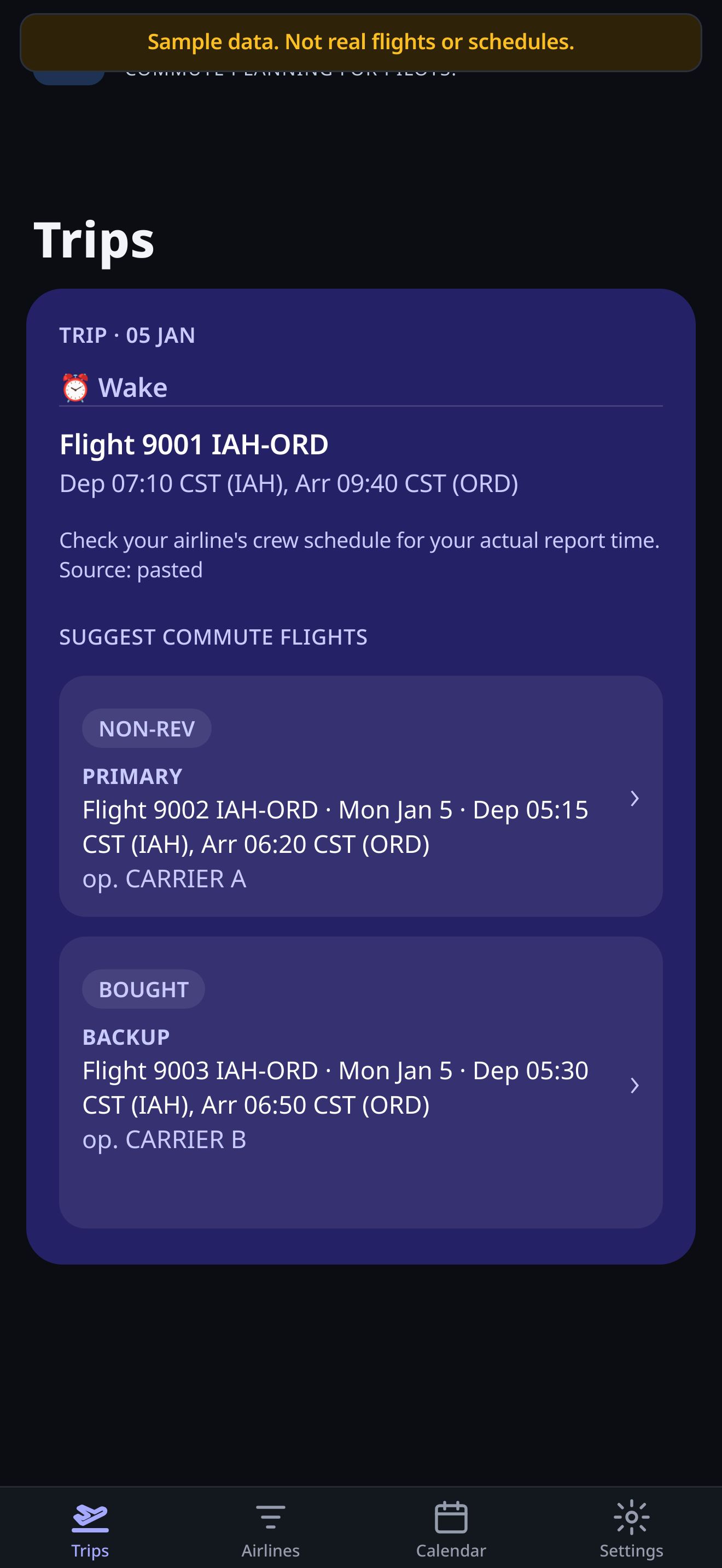 PilotCommute suggested commute flights screen (current build, sample data)